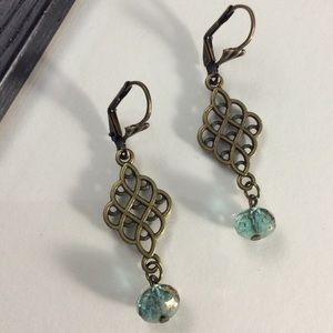 Bronze and Light Blue Dangle Lever Back Earrings